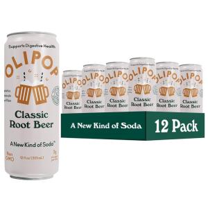 imageOLIPOP Prebiotic Soda Pop Classic Root Beer Pantry Pack Packed with Prebiotics Fiber and Botanicals Gluten Free Vegan GMO Free 12oz Skinny 12CansClassic Root Beer
